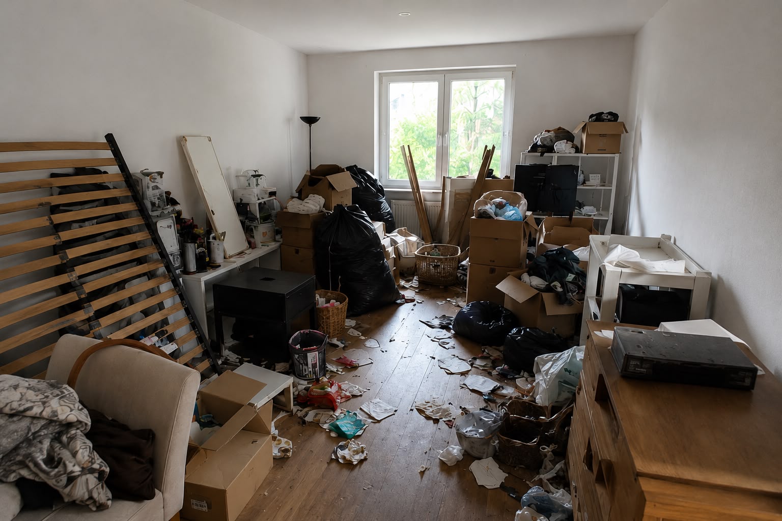 mitarbeiter von moventum räumen möbel und einrichtungsgegenstände während einer professionellen entrümpelung 